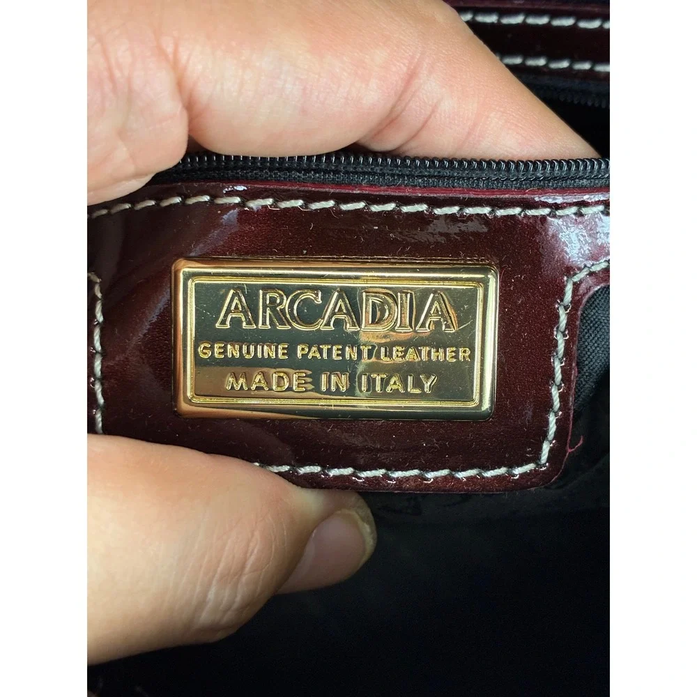 Arcadia Monogram Embossed Satchel Crossbody Bag Womens M Burgundy Patent Italy